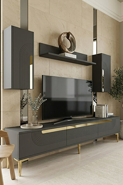 cnyr TVR1803AG - MEYRAZH TV SEHPASI, TV ÜNİTESİ TAKIM ANTRASİT - GOLD 180CM