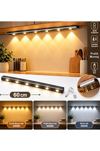 gaman 60cm 3 Renk Ayarlı Şarjlı Hareket Sensörlü 60cm Led Işık Tezgah Ledi Ko...