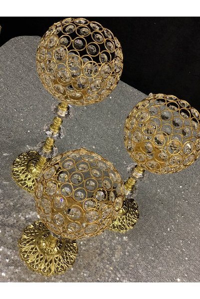 Tasarım Evi Kristal Taşlı Ayaklı Gold Şamdan 3'lü Set