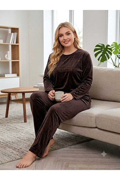 Asel Büyük Beden Kahverengi Renk Uzun Kollu Kadife Pijama Takımı