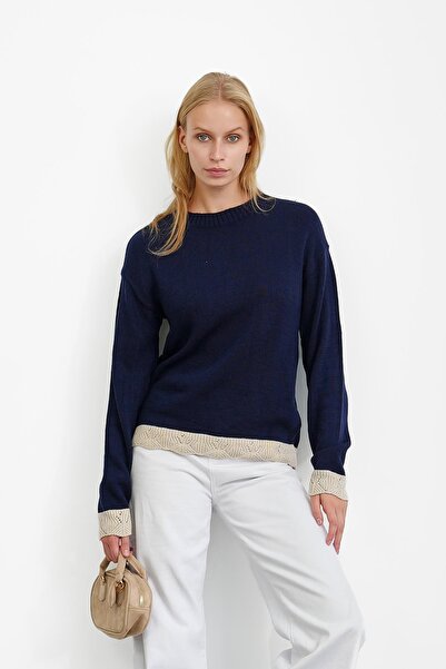 İmajButik Navy Blue Crew Neck Knit Sweater with Guipure Detail on Sleeves and...