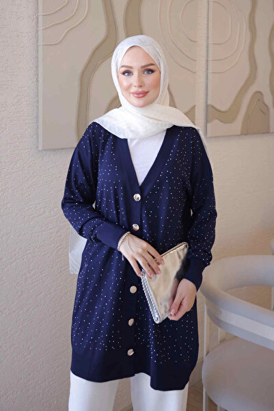 İmajButik Navy Blue Cold Yarn Stone Knitwear Cardigan