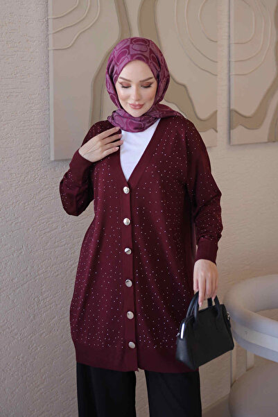 İmajButik Burgundy Cold Yarn Stone Knitwear Cardigan