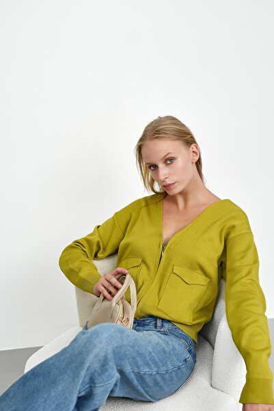 İmajButik Oil Green Double Pocket Zippered Knitwear Cardigan