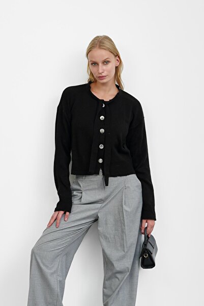 İmajButik Black Collar Tied Buttoned Knitwear Cardigan