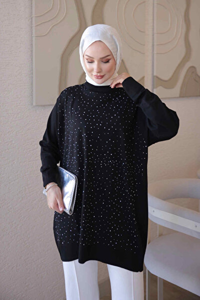 İmajButik Siyah Bisiklet Yaka Taş İşlemeli Tunik