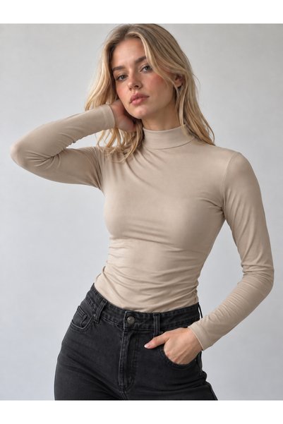 POLYMOOD Women's Stone 95% Cotton Half Turtleneck Anti-Sweat Breathable Long Sleeve Bodysuit