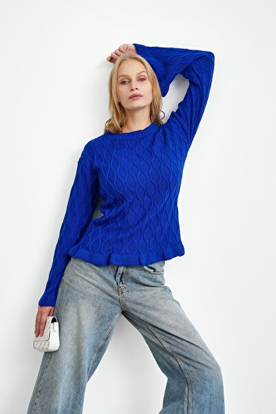 İmajButik Cobalt Blue Waist and Cuff Ruffled Knit Sweater