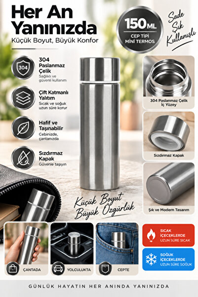 Tasarım Evi 150 Ml Cep Tipi Mini Ufak Kaliteli 304 Çelik Çift Katmalı Termos