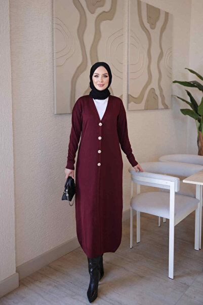 İmajButik Burgundy V-Neck Mercerized Cardigan