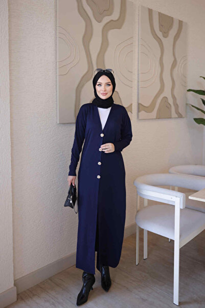 İmajButik Navy Blue V-Neck Mercerized Cardigan