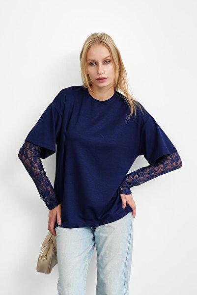 İmajButik Navy Blue Crew Neck Blouse with Ruffled Sleeves