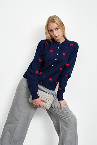 İmajButik Navy Blue Bow Embroidered Knitwear Cardigan