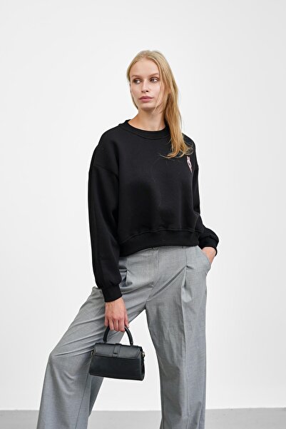 İmajButik Black Crew Neck Embroidered Three Thread Short O Oversized Sweat