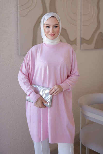 İmajButik Pembe Bisiklet Yaka Taş İşlemeli Tunik