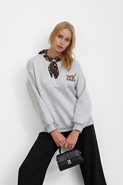 İmajButik Gray Scarf with Accessories Leopard Print Three Thread Sh Fleece-Li...
