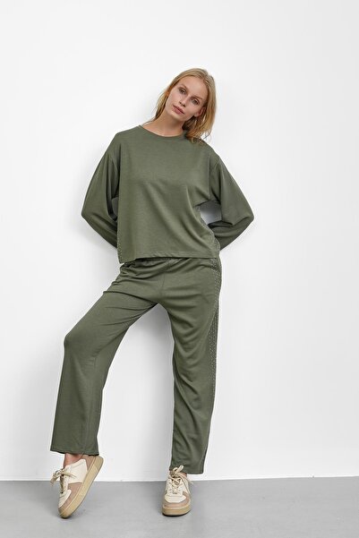 İmajButik Khaki Modal Suit with Stone Detail on the Sides