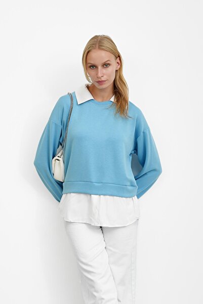 İmajButik Baby Blue Shirt Paneled Modal Sweat