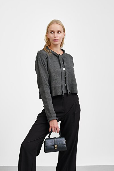 İmajButik Anthracite Collar Tie-Up Buttoned Knitwear Cardigan