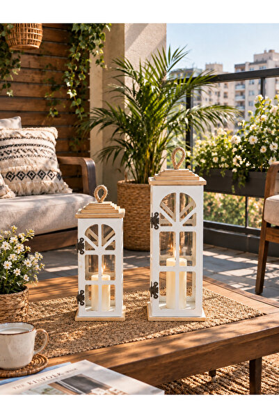 Liya Bella 2’li Ahşap Dekoratif Fener Seti – Rustik Mumluk Ev Balkon Bahçe De...