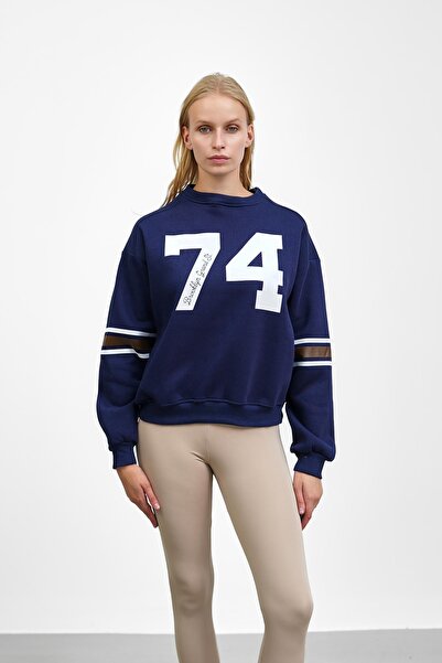 İmajButik Navy Blue Front and Sleeve Printed Three Thread Sweat