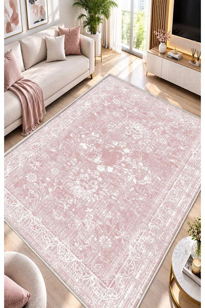 STY Home Efes Pembe Dijital Baskı Halı Kaymaz Tabanlı Yıkanabilir Halı Yolluk...