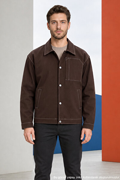 Freemen Erkek Kiremit Dikiş Detaylı Oversize Gabardin Ceket