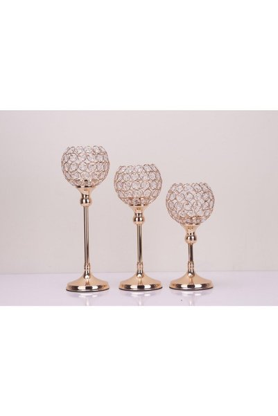 Tasarım Evi Ultra Lüks Kristal Taşlı Ayaklı Gold Şamdan 3'lü Set