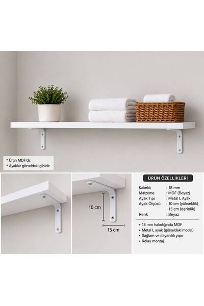 özçamlar mobilya beyaz ayaklı mdf duvar rafı 100x20