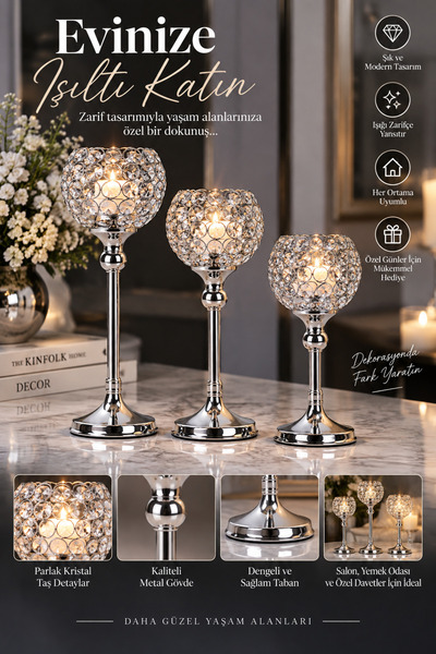 Tasarım Evi Ultra Lüks Kristal Taşlı Ayaklı Gümüş Şamdan 3'lü Set