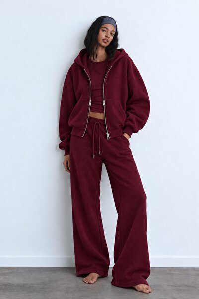 The Champ Clothing İçi Polar Oversize Kesim Kapüşonlu Fermuarlı Bordo Eşofman...