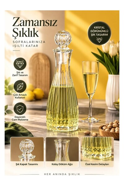 Tasarım Evi El Yapımı 1 Litre Cam Karaf Kristal Kapaklı Sürahi