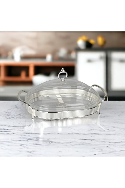 SOLETER Oval Serving Dish with Lid Silver 34x24cm - Tray with Clear Acrylic D...