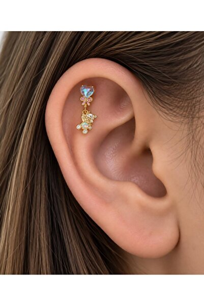 Arescollection sallanan ayıcık arkası düz önden takmalı helix kıkırdak tragus...