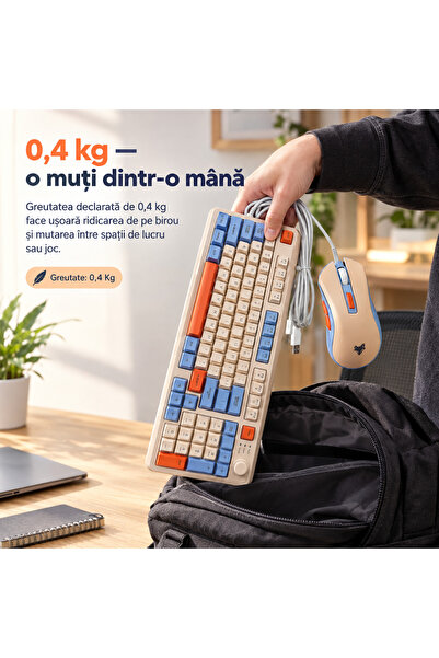 LUDORA Tastatura gaming cu senzatie mecanica si mouse cu fir ilumanre rainbow RGB, taste PBT Double-Shot