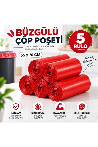 Tasarım Evi Drawstring Garbage Bag Strawberry Scented 65×70 cm Large Size 5 R...