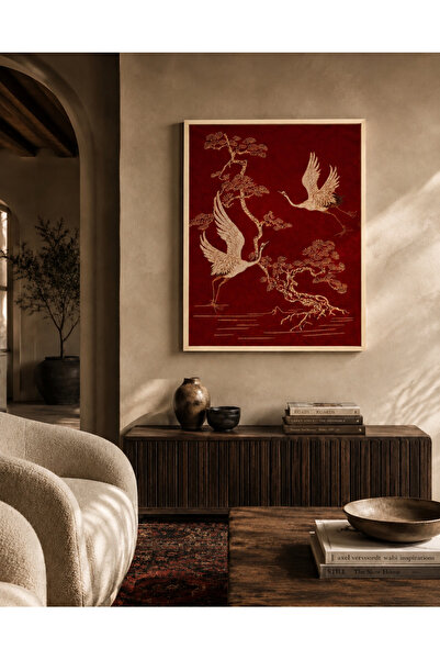 Boho wellness studio Çerçeveli MDF Turna Kuşları Japon Esintili Duvar Tablosu