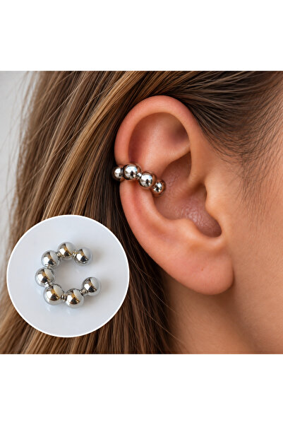Heppii Bombeli Topçuklu Earcuff Kıkırdak Küpe Büyük Boy Silver