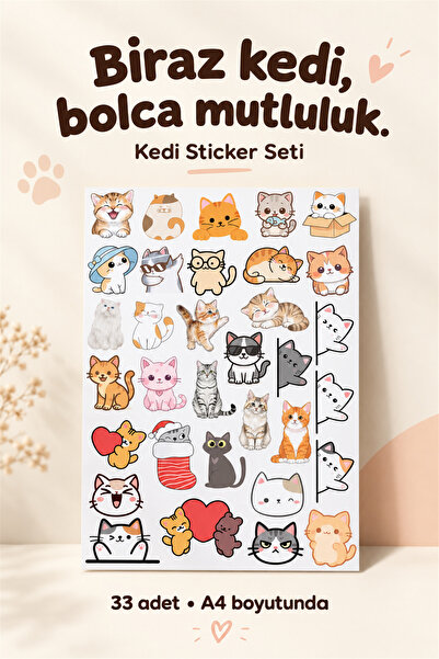 Hanelia Art Kedi Sticker Seti 33 Adet – Sevimli Kedi Çıkartmaları | Defter, L...