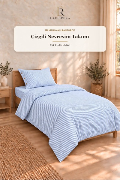 Larispera Blue Yarn Dyed Ranforce Cotton Single Striped Buttoned Duvet Cover Set