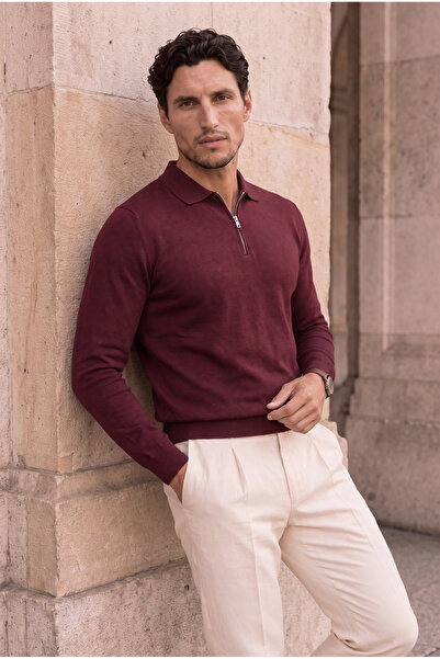 Valiberta Bellagio Half-Zip Thin Men's Knitwear Sweater - Burgundy
