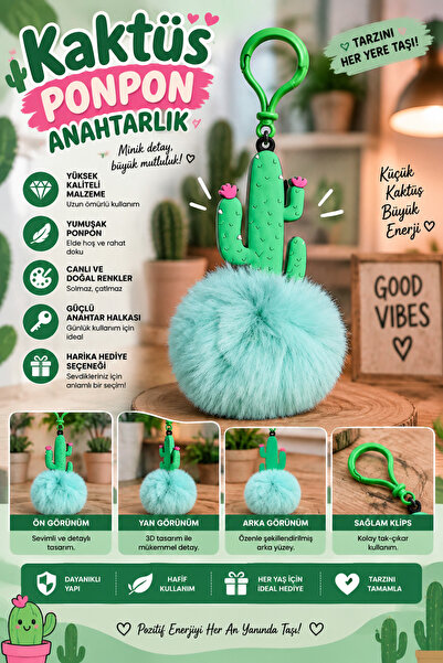 FG KONNİCHİWA PELUŞ ANANAS VE KAKTÜS SLİKON TÜYLÜ Anahtarlık Ponpon Anahtarlı...