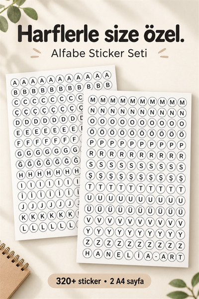 Hanelia Art 320+ Adet Alfabe Harf Sticker Seti – A4 Boy Türkçe Etiket Sticker