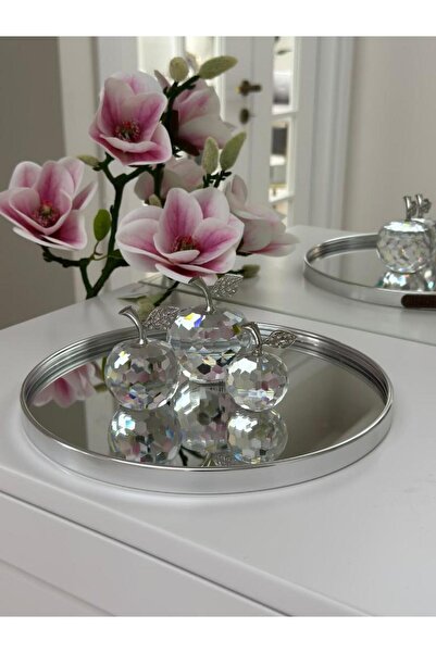 PEKİBU Round Model Mirror Presentation Tray Decor Silver 25 cm