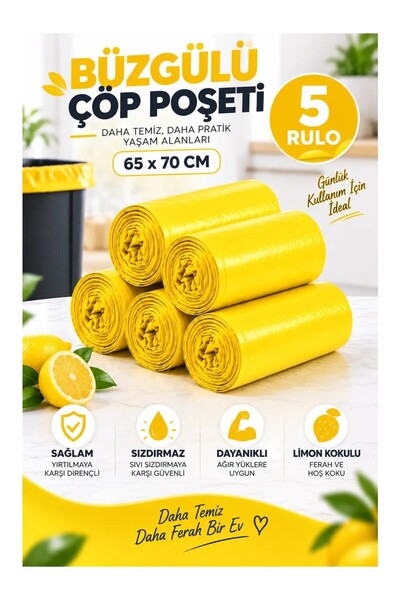 Tasarım Evi Drawstring Garbage Bag Lemon Scented 65×70 cm Large Size 5 Rolls ...