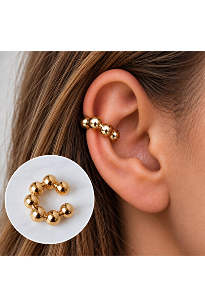 Heppii Bombeli Topçuklu Earcuff Kıkırdak Küpe Büyük Boy Gold
