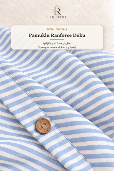 Larispera Blue Yarn Dyed Ranforce Cotton Single Striped Buttoned Duvet Cover Set