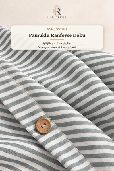 Larispera Khaki Green Yarn-Dyed Ranforce Cotton Single Striped Buttoned Duvet Cover Set 160X220 cm