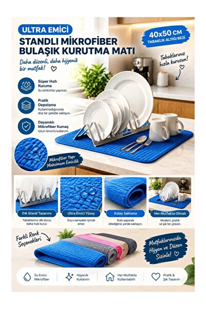 Tasarım Evi Ultra Emici Standlı Mikrofiber Bulaşık Kurutma Matı 40x50cm Tabak...