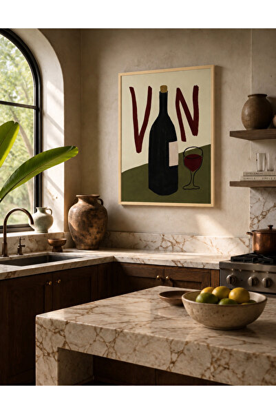 Boho wellness studio VIN Şarap Şişesi Minimalist Mutfak Tablosu – Çerçeveli M...